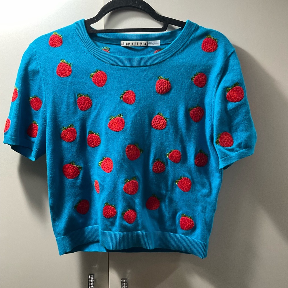Alice + Olivia Blue Tee with Red Strawberry Pattern